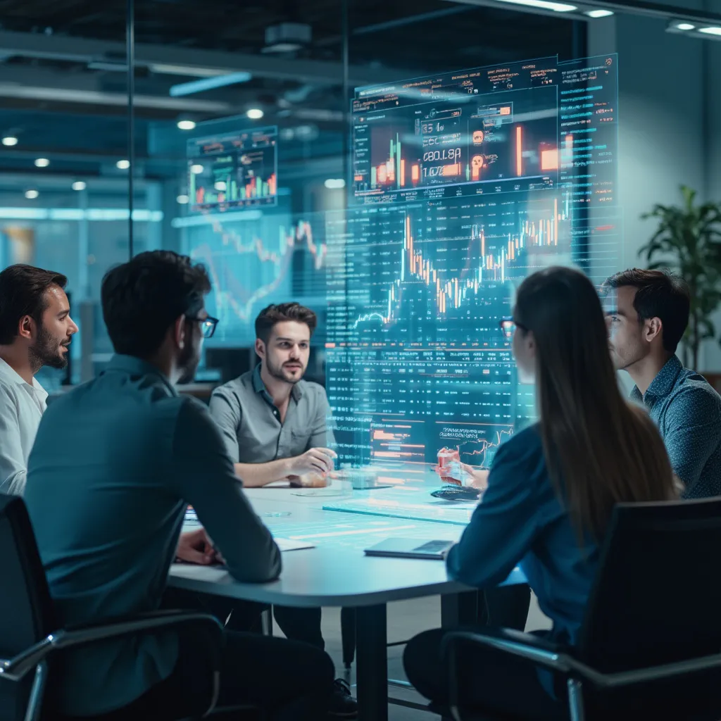 Equipo discutiendo estrategias financieras frente a pantallas con gráficos volumétricos