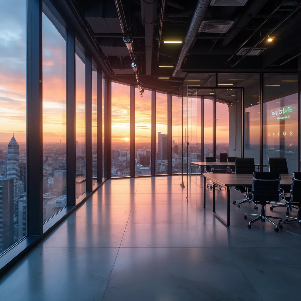 Oficina moderna y minimalista con vista panorámica a la ciudad de Buenos Aires al atardecer