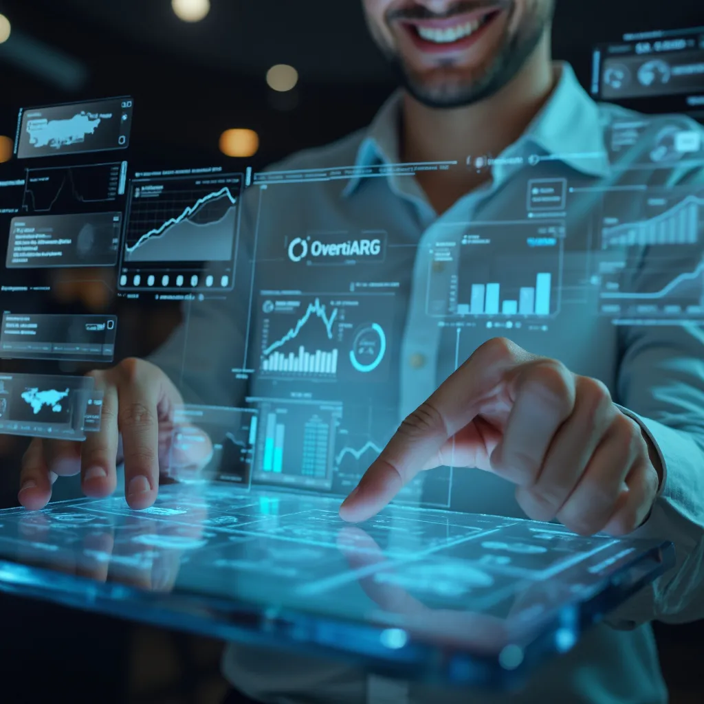 Cliente satisfecho interactuando con una interfaz de inversión futurista en una tablet transparente