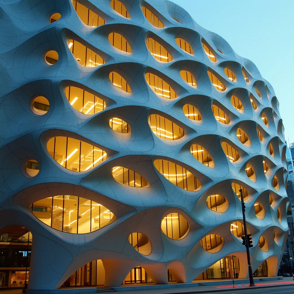 Detalle arquitectónico de un edificio financiero moderno y emblemático en Argentina con efectos de luz